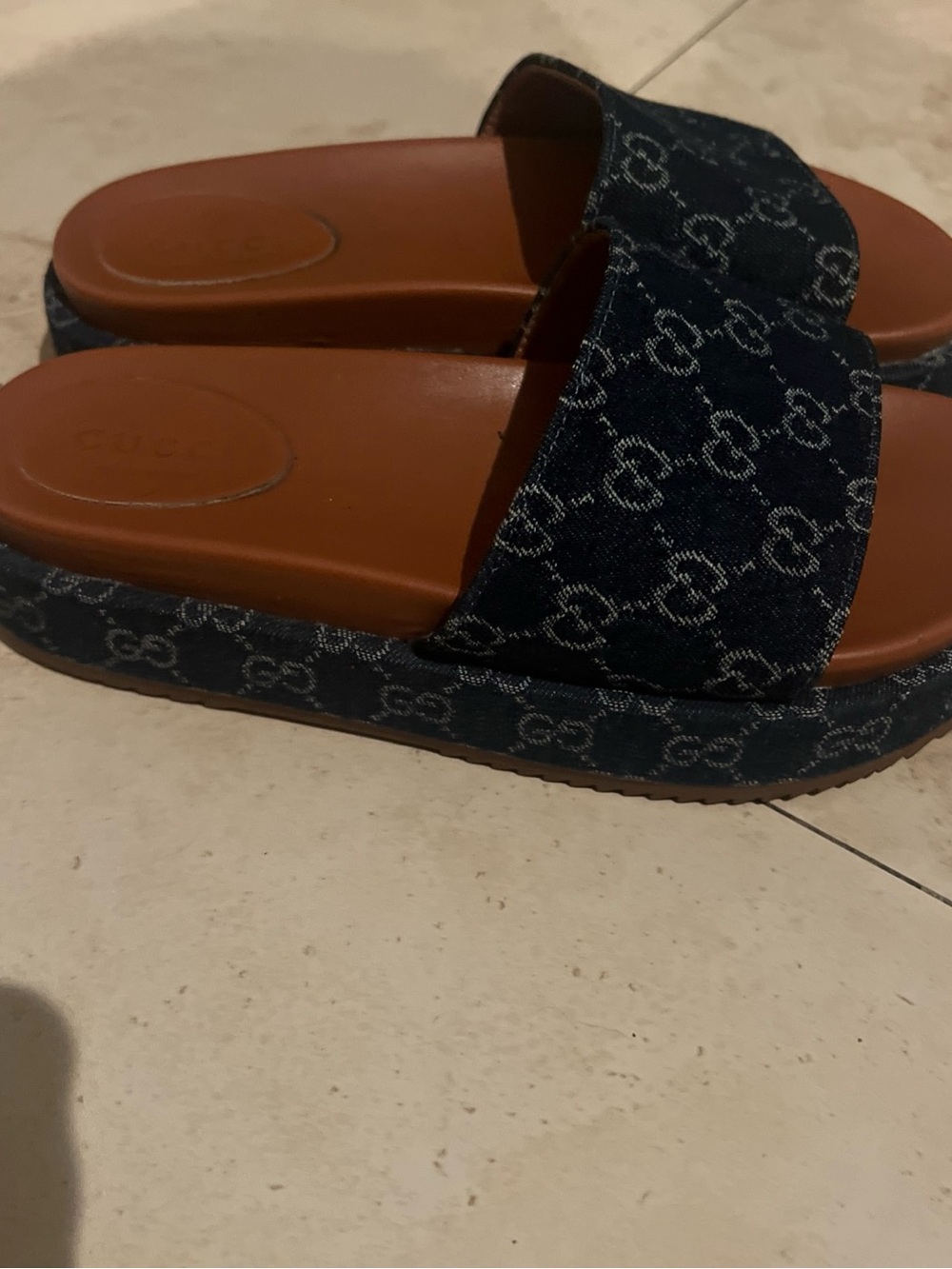 Gucci GG Logo Denim Platform Slide Sandals Blue/Brown Women's US 8 EU 38